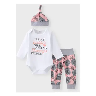 3pcs Baby Girl 95% Cotton Long-sleeve Letter and Floral Print Set