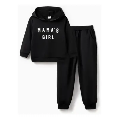 2pcs Toddler Girl Letter Print Luminous Black Hoodie Sweatshirt and Pants Set