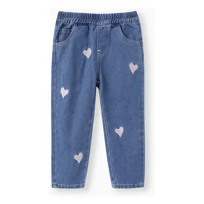 Toddler Girl Heart Embroidered Elasticized Blue Denim Jeans