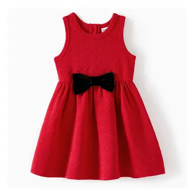 Family Matching Bow Front Red Heart Textured Tank Dresses and Long-sleeve Corduroy Shirts Sets