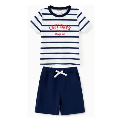 Family Matching Pajamas Sets Preppy Style Striped Slogan Print Crew Neck Top and Navy Blue Draws