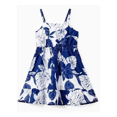 Family Matching Floral Beach Shirt and A-Line Ruffle Hem Strap Dress Sets