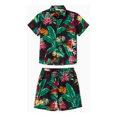 Family Matching Co-ord Sets Tropical Plant Floral Shirt and Drawstring Shorts with Pockets