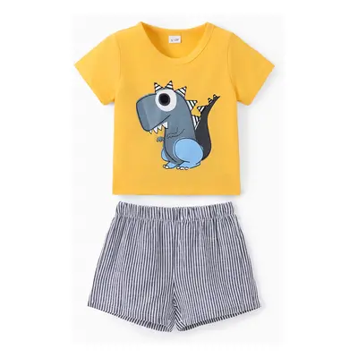 2pcs Baby Boy Cartoon Dinosaur Print Short-sleeve T-shirt and Pinstriped Shorts Set