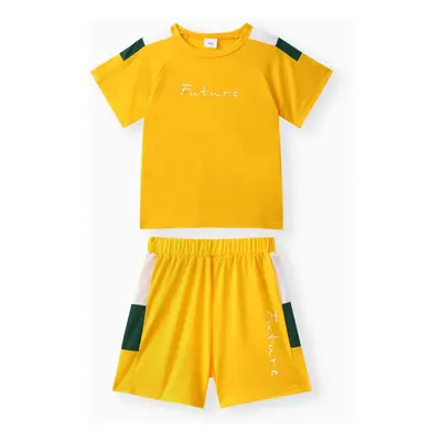 2pcs Toddler Boy Casual Colorblock Letter Print Tee & Shorts Set