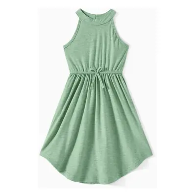 Family Matching Green Halter Neck Sleeveless Drawstring Dresses and Striped Splicing Short-sleev