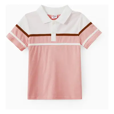 Family Matching Sets Color Block Polo Shirt or Pink Shoulder Tie Shirred Waist A-Line Dress