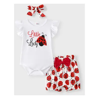 3pcs Baby Girl 95% Cotton Ruffle Sleeve Letter Print Romper and Ladybugs Print Shorts with Headb