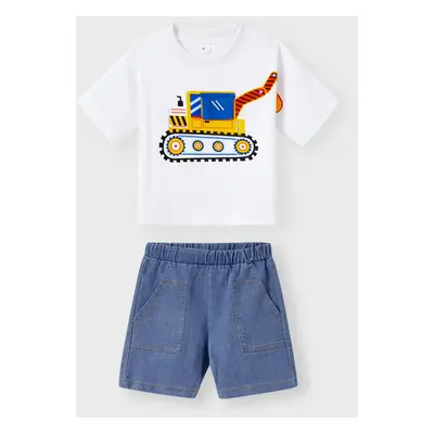 2pcs Toddler Boy Playful Denim Pocket Design Shorts and Vehicle Print Tee set