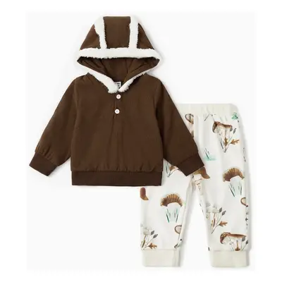 2pcs Baby Boy/Girl Brown Corduroy Fuzzy Trim Hoodie and Allover Print Pants Set