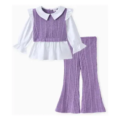 Toddler Girl 2pcs Faux-two Blouse Top and Flared Pants Set