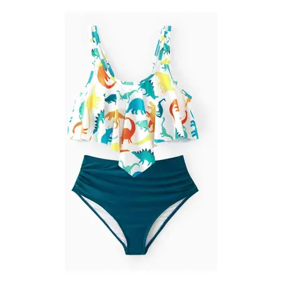 Family Matching All Over Multicolor Dinosaur Print Swim Trunks Shorts and Ruffle Two-Piece Swims