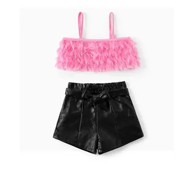 Toddler/Kid Girl 2pcs Feather Crop Camisole and Leather Shorts Set