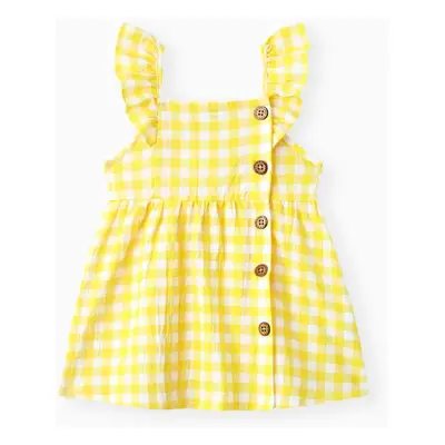 1pc Baby Girl Plaid&Lemon&Fruit Sweet Dress