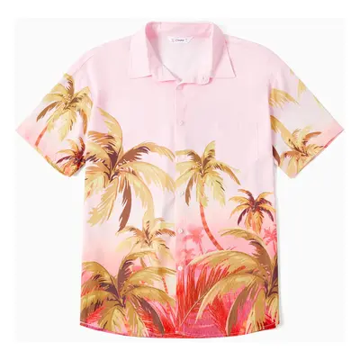 Family Matching Beach Shirt and Pink Tropical Plant Floral V Neck Bow Side Dress Sets