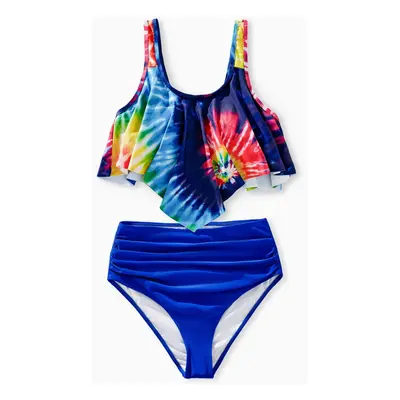 Casual Tie-Dyed Family Swimwear with Ruffle Edge, Medium Thickness, Opaque, Regular Fit - Polyes