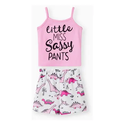 2pcs Baby Girl Letter Print Camisole and Dinosaur Print Shorts Set