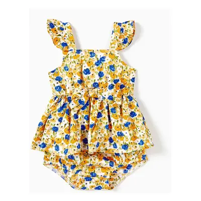 Family Matching Color Block Sunny Tee and Yellow Ditsy Floral High Neck Halter Sateen Dress Sets