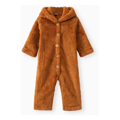 Baby Girl Solid Thickened Fuzzy Fleece Long-sleeve Hooded Jumpsuit