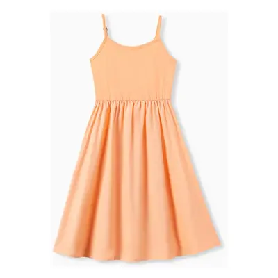 Mommy and Me Orange Cotton Sleeveless A-Line Strap Dress