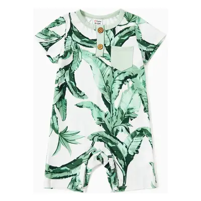 Family Matching Color Block Tee and Green Leaf Pattern Cut Out Drawstring Waist Strap Dress Sets