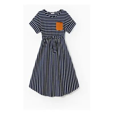 Family Matching Stripe Patched Pocket Belted Dresses and Colorblock Striped T-shirts Sets