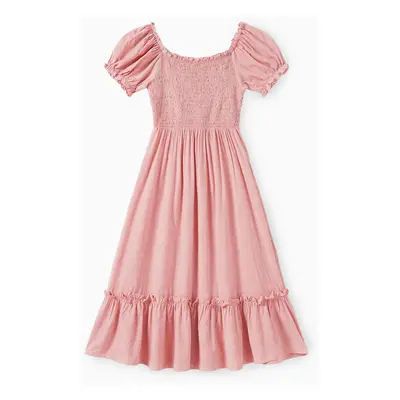 Family Matching Color Block Polo Shirt and Pink Shirred Top Bubble Sleeves Dress Sets