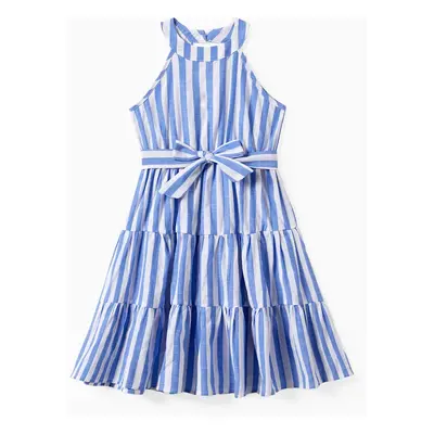 Family Matching Stripe Shirt and High Neck Halter Tiered Tassel Trim Dress Sets