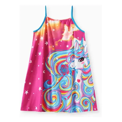 Colorful Cartoon Printed Milk Silk Dress with Hanging Strap for Girls