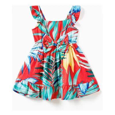 Family Matching Color Block Tee and Drawstring Tropical Leaf Printed Shirred Back Strap Dress Se