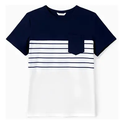 Family Matching Striped Panel Belted Tank Dresses and Cotton Colorblock Short-sleeve T-shirts Se