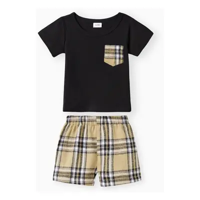 2pcs Baby Boy 95% Cotton Short-sleeve Tee and Plaid Shorts Set