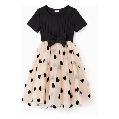 Mommy and Me Black Top Spliced Heart Pattern Mesh Dresses