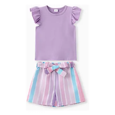 2pcs Toddler Girl Sweet Flutter-sleeve Tee and Stripe Belted Shorts Set