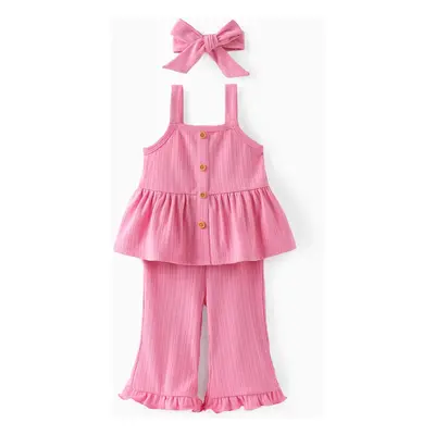 Baby Girl 3pcs Solid Color Ruffled Camisole and Pants with Headband Set