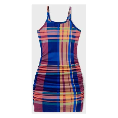 Family Matching Sets Preppy Style Plaid Panel Tee or Ruched Design Drawstring Side Bodycon Strap