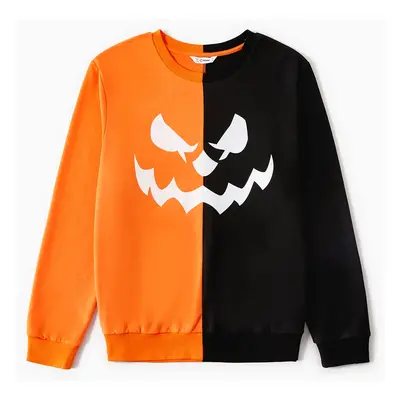 Halloween Family Matching Glow In The Dark Pumpkin Print Long-sleeve Colorblock Sweatshirts