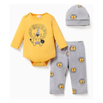 100% Cotton 3pcs Lion Print Long-sleeve Yellow Baby Set