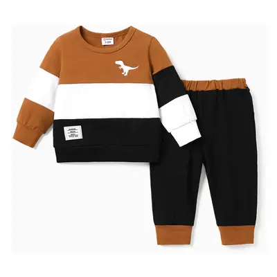 Baby Boy Cotton Dinosaur Graphic Colorblock Long-sleeve Top and Pants Set