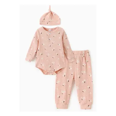 Baby Girl 3pcs Floral Print Romper and Pants with Hat Set