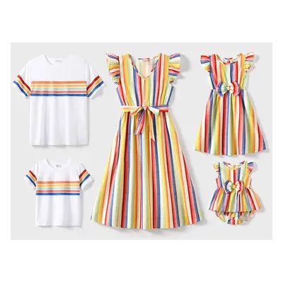 Family Matching Colorful Striped V Neck Flutter-sleeve Dresses and Short-sleeve T-shirts Sets