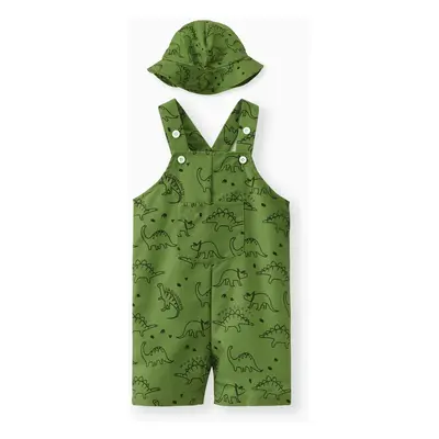 2pcs Baby Boy Allover Dinosaur Print Overalls & Hat Set