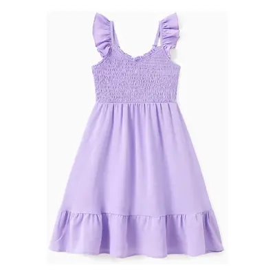 Family Matching Sets Purple Raglan Sleeves Tee or Shirred Top Ruffle Hem Strap Dress