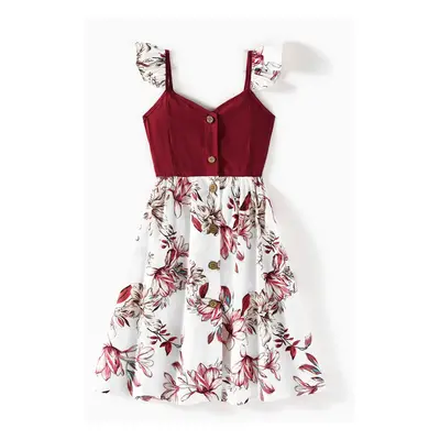 Family Matching Solid V Neck Button Up Spaghetti Strap Splicing Floral Print Dresses and Short-s