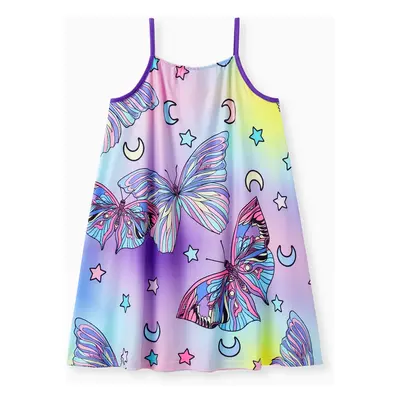 Colorful Cartoon Printed Milk Silk Dress with Hanging Strap for Girls