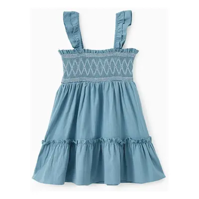 Family Matching Sets Solid Color Shirt or Shirred Top Geometric Design Ruffle Hem Strap Dress