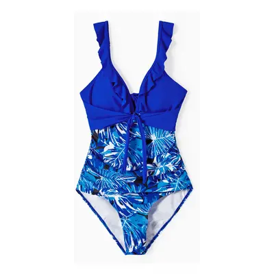 Family Matching Floral Drawstring Swim Trunks or Blue V Neck One-Piece Swimsuit (Quick-Dry)