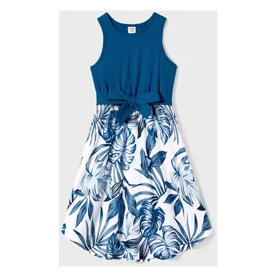 Family Matching Plant Print Splice Belted Tank Dresses and Color Block Short-sleeve T-shirts Set