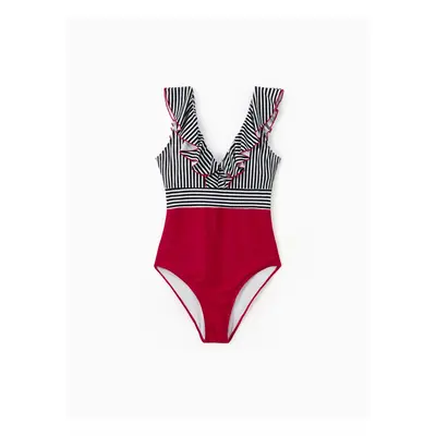 Family Matching Striped Swim Trunks Shorts and Ruffle Splicing One-Piece Swimsuit