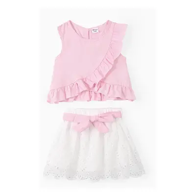 Trendy Toddler Girl Stripe Print Bowknot Ruffle Flounce Set